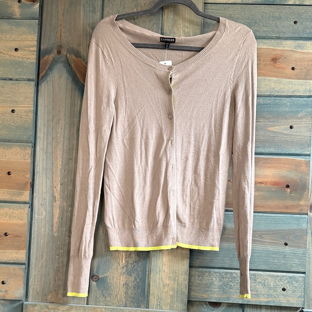 Express Beige Button-Front Lightweight Cardigan with Yellow Trim